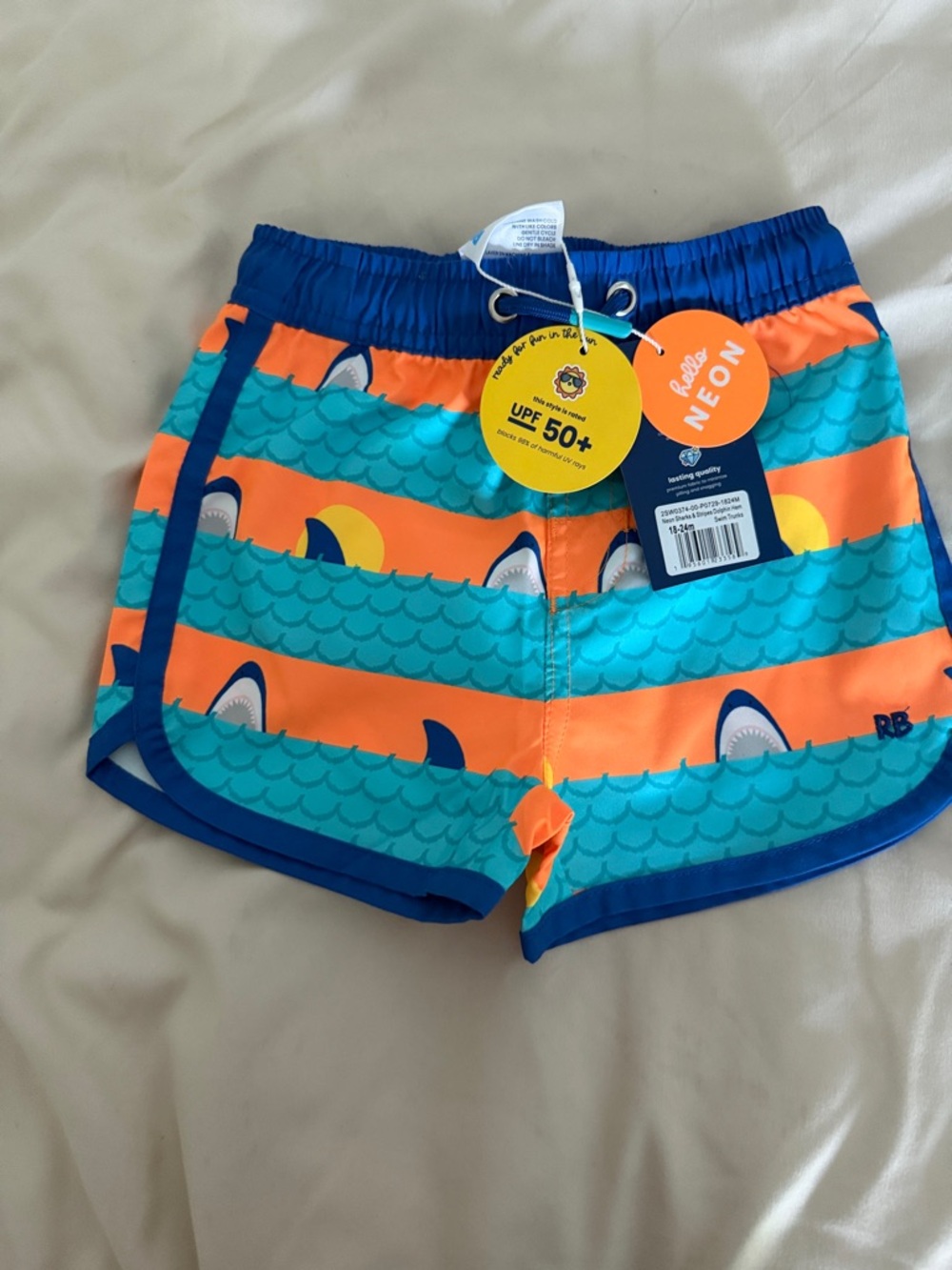 Rugged Butts Neon Orange & Teal Shark Stripe Swim Trunks 18-24M